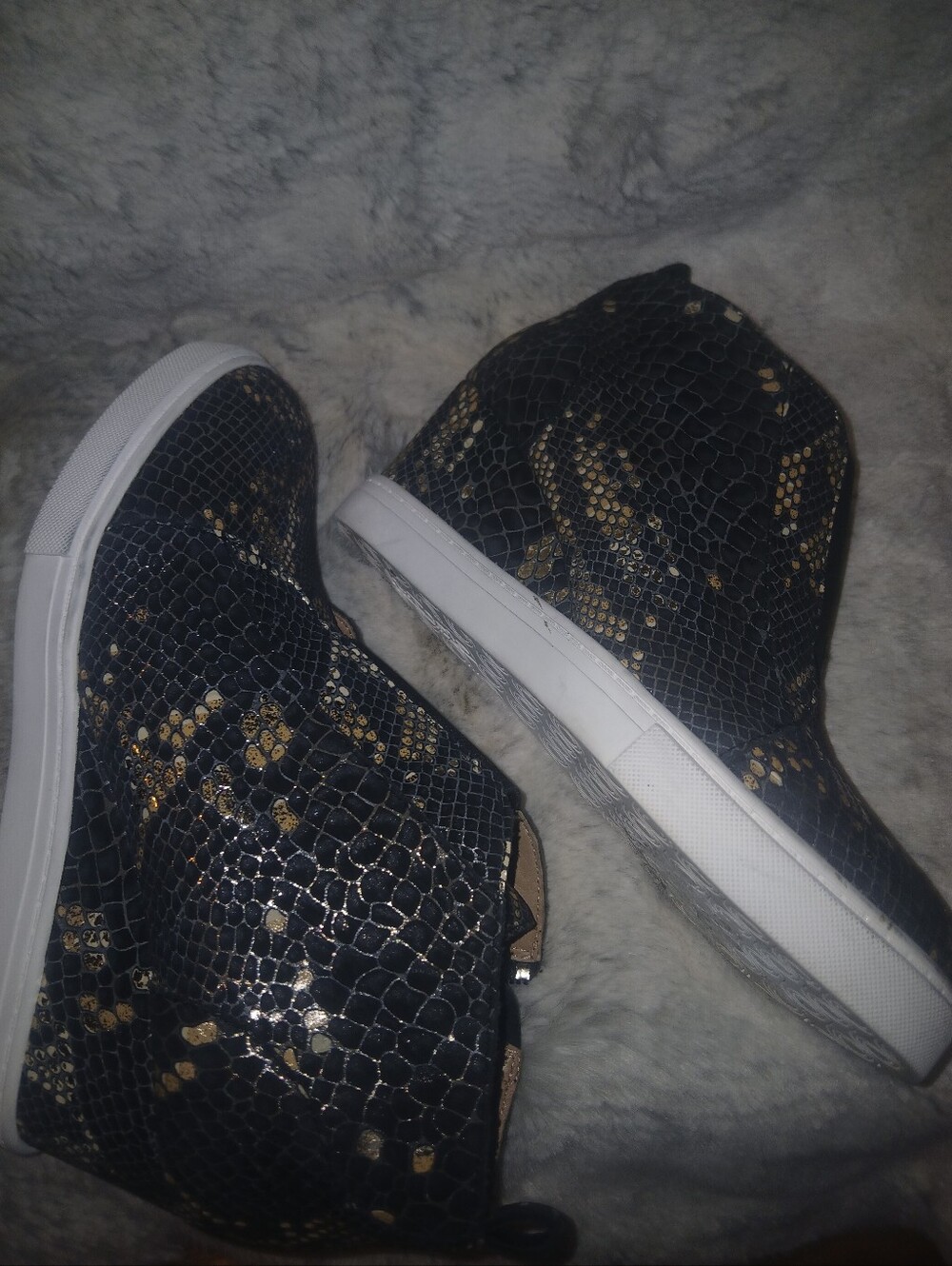 Women’s Black Gold Snake-Print High-Top Sneakers